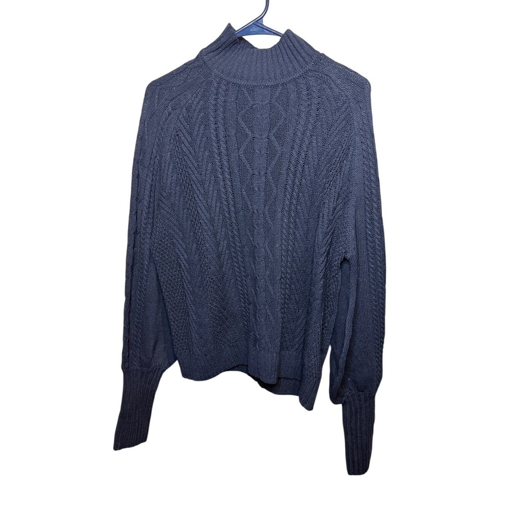 Navy Blue Cable Knit Mock Neck Balloon Sleeve Sweater Large Cotton Blend - Picture 1 of 6